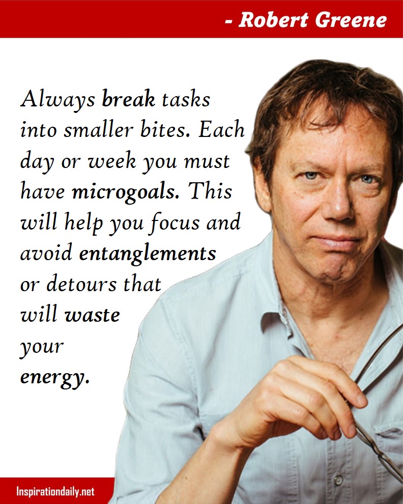 Robert Greene Quotes: Always break tasks into smaller bites. Each day or week you must have microgoals. This will help you focus and avoid entanglements or detours that will waste your energy. 